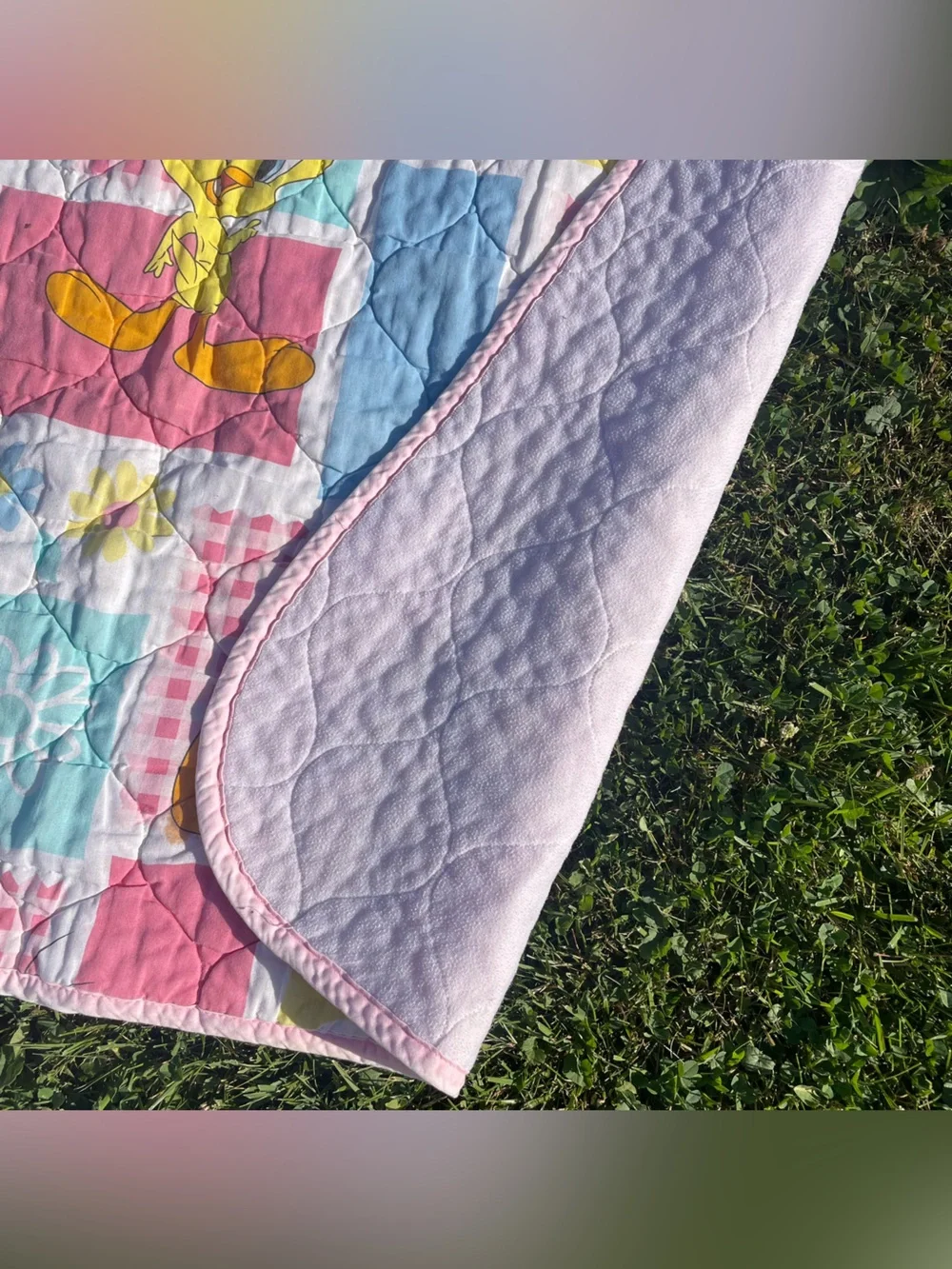 Vintage 1997 Looney Tunes Tweety Bird Quilted Pastel Baby Crib Blanket Y2K